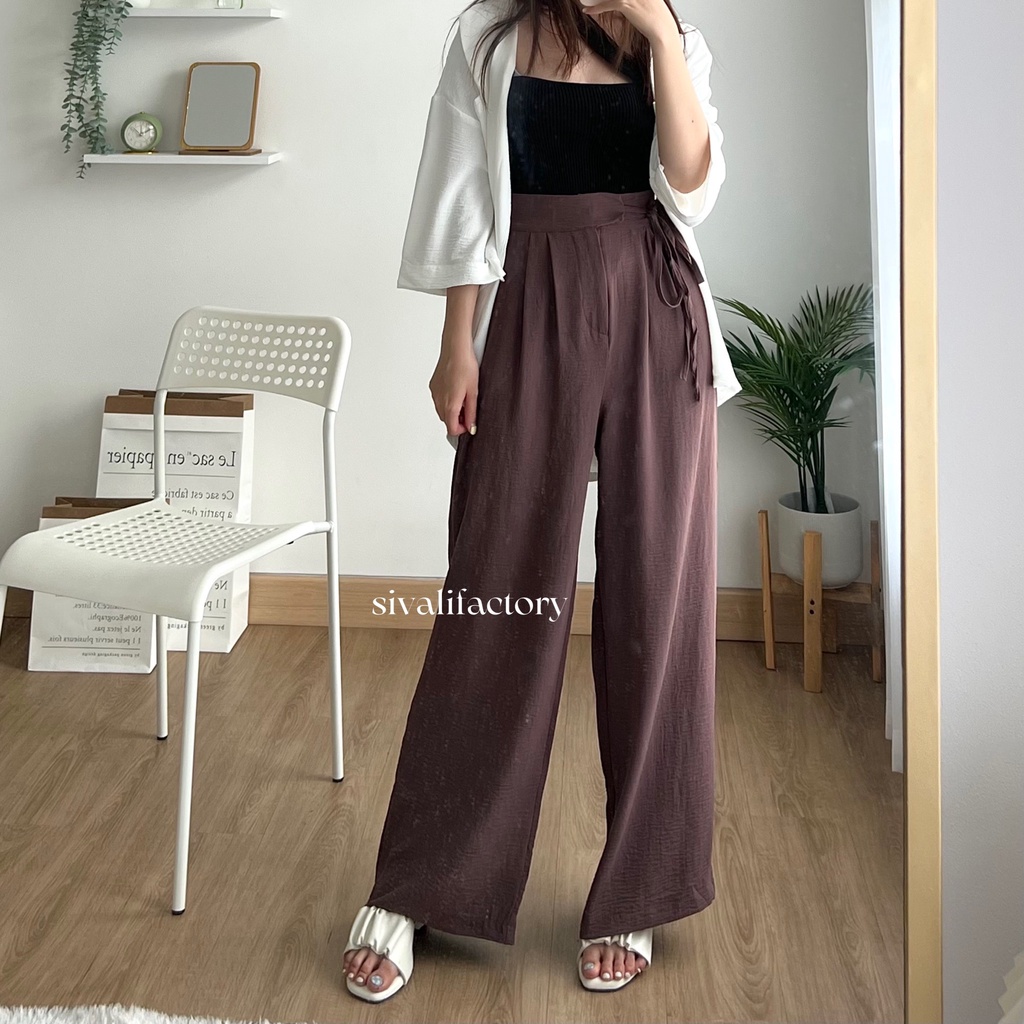 SIVALI Janelle Pants - Celana kulot Highwaist Crinkle Loose Pants - Cullote Pants