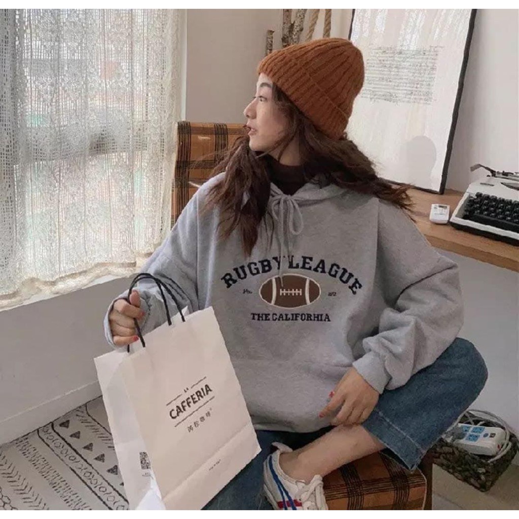 Jaket Hoodie Sweater oversize HM Wanita Original Terbaru Gambar Rugby california Abu Abu