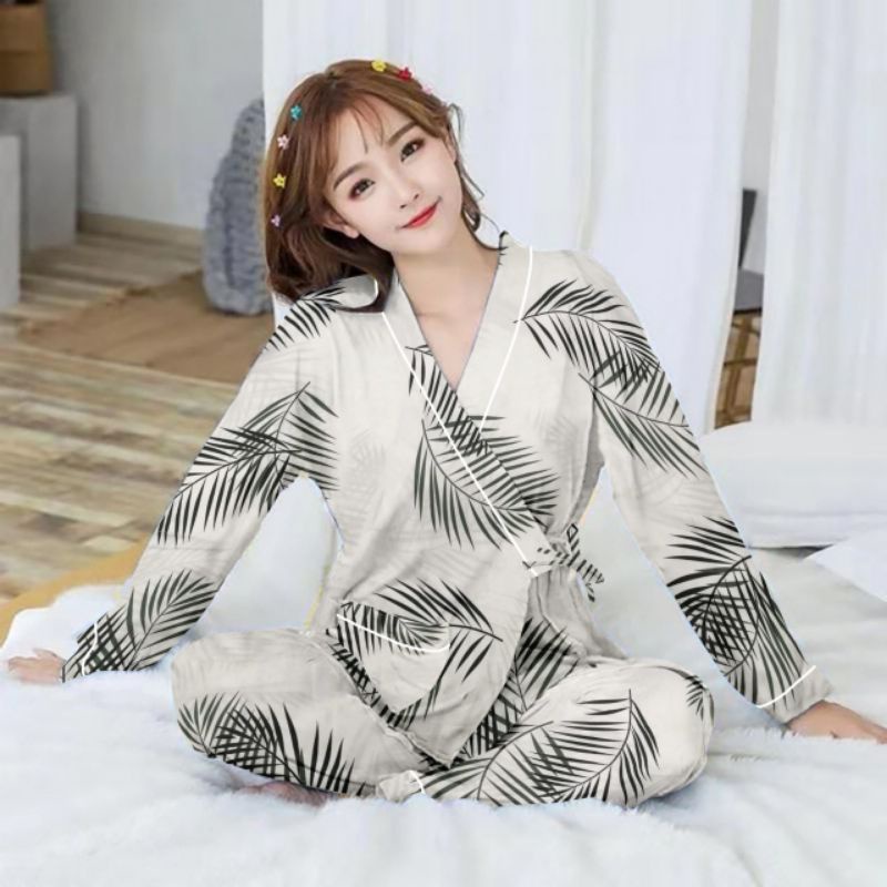 setelan kimono lengan panjang/kimono wanita/baju tidur kimono-Pp kim daun white