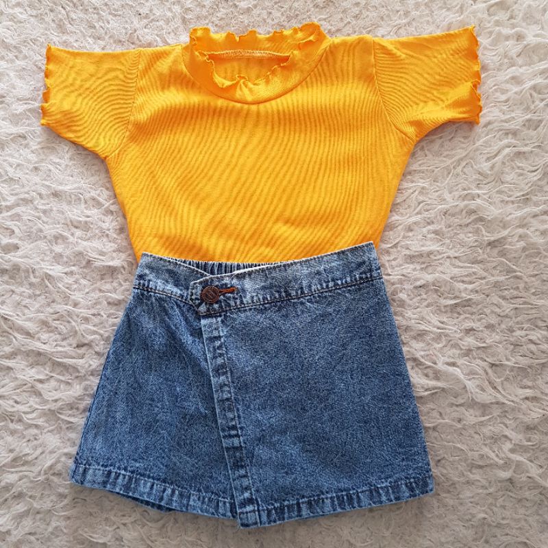 Baju Rok Jeans Anak setelan kaos rib skort jeans