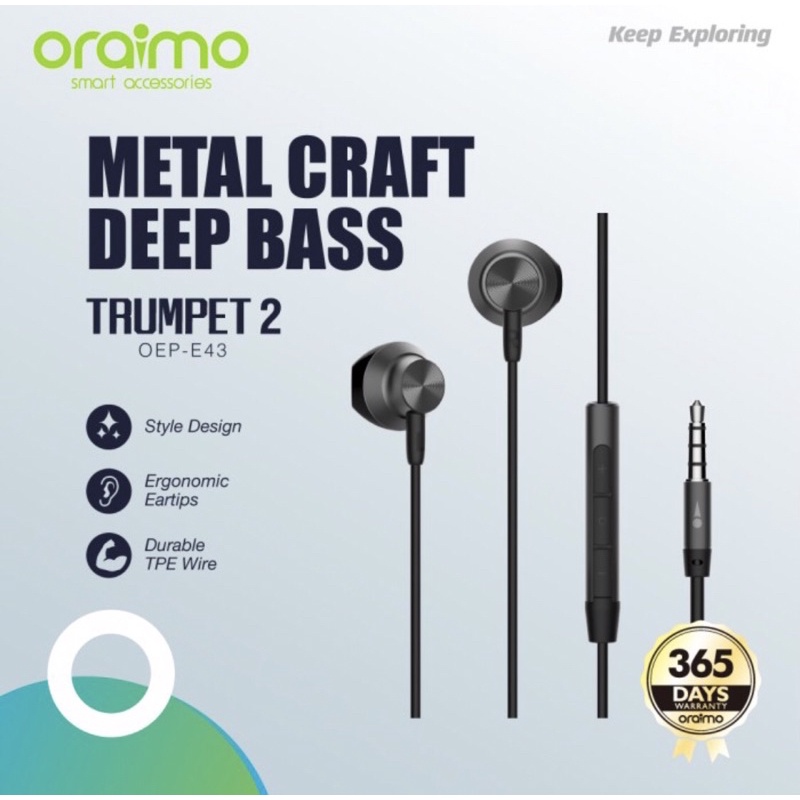 Oraimo OEP-E43 Headset Kabel In-Ear Earphone Handsfree dengan Mic Universal IOS/Android 3.5mm Garansi 1 Tahun