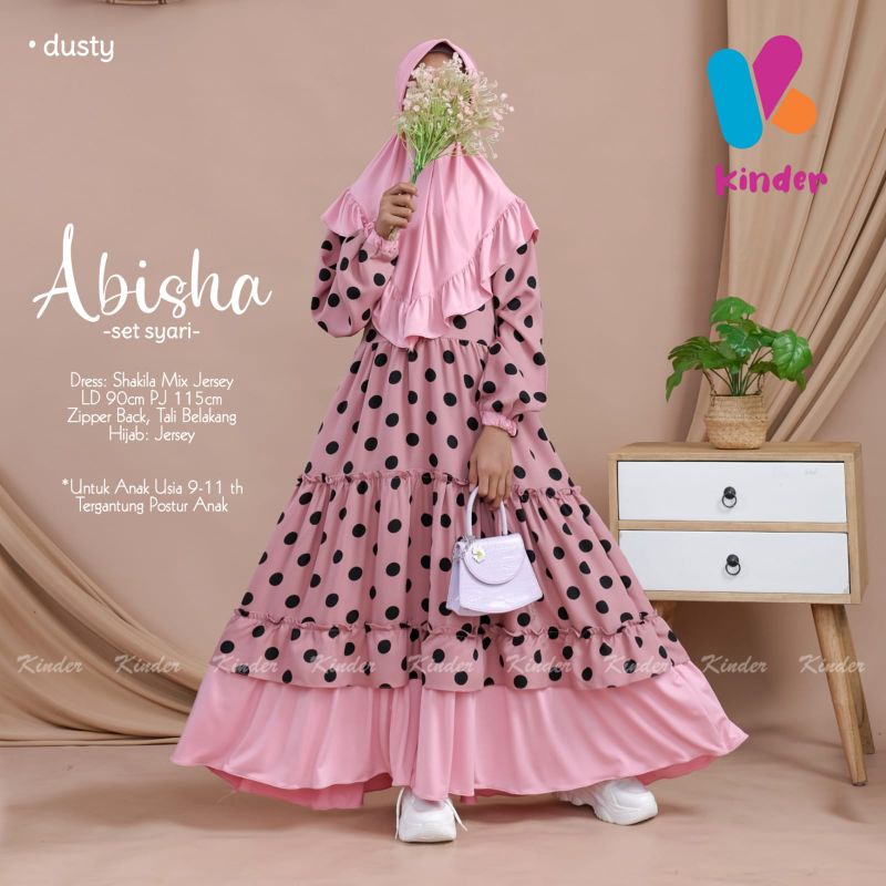 ABISHA SET Setelan Gamis Dress Syari + Khimar Anak Perempuan 9 - 11 Tahun Shakila Mix Jersey motif P