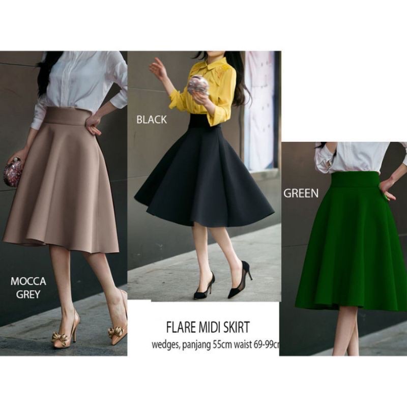 FLARE Midi skirt rok 7per8 rok wedges hitam putih kantor karet