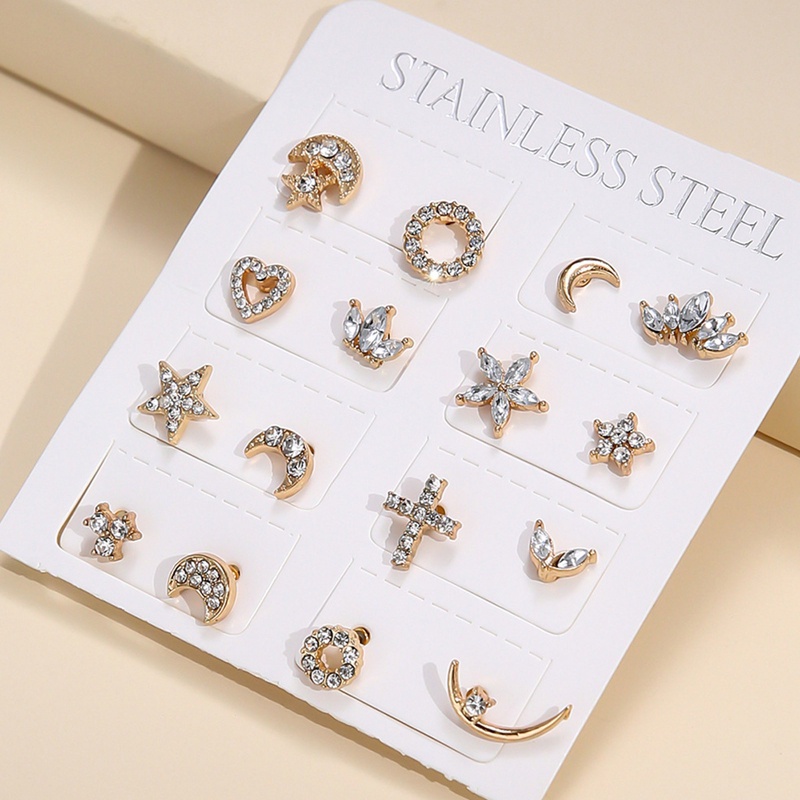 Anting Stud Desain Bulan Bintang Silang Untuk Wanita