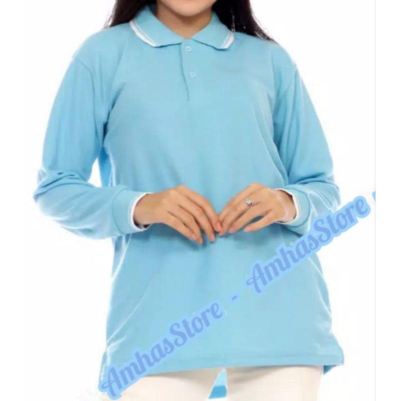 Kaos Polo Panjang Unisex Biru Laut List Putih / Kaos Kerah / Poloshirt / Polo Shirt Panjang
