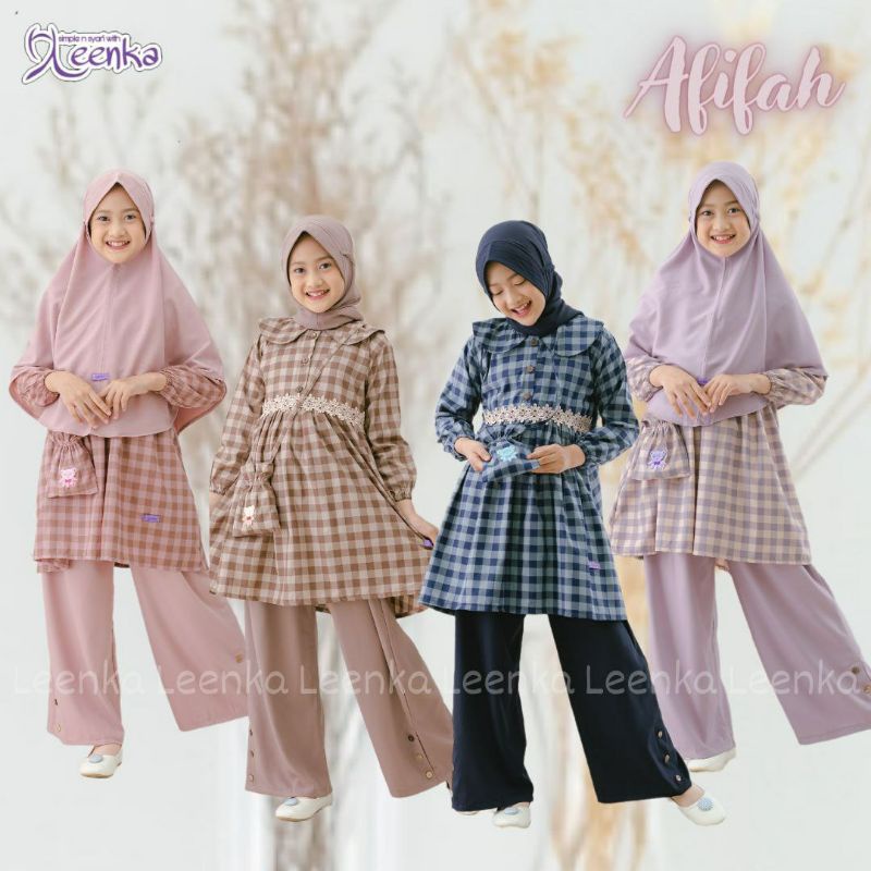 One Set Celana Kulot Tunik Kotak-kotak Anak Perempuan Muslim Leenka
