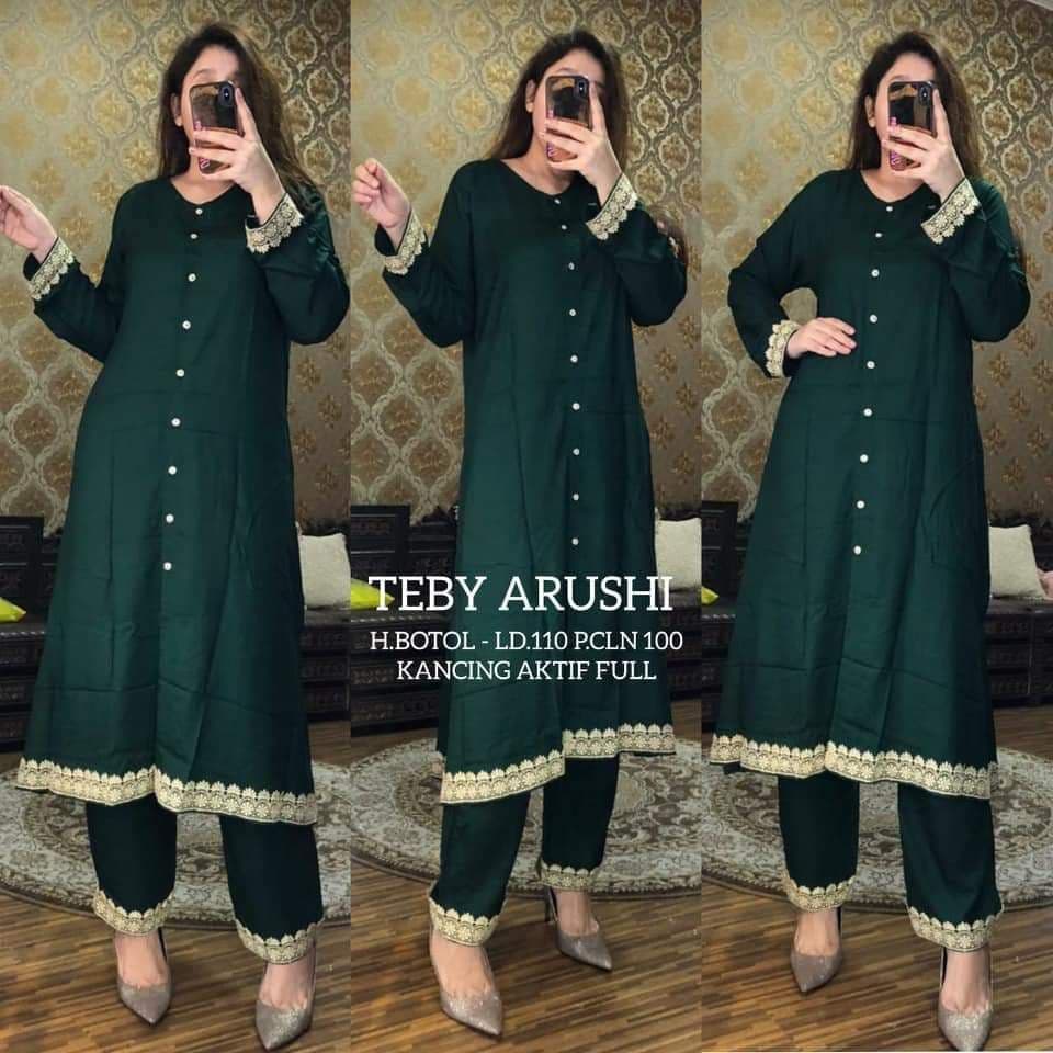 Teby Arushi - One Set Tunik Renda Arab Rayon Viscose Lengan Panjang Setelan Wanita Kekinian Import