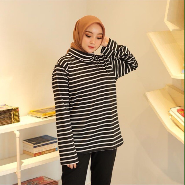 Blouse Wanita Turtleneck Salur Tangan Panjang All size Fit to L