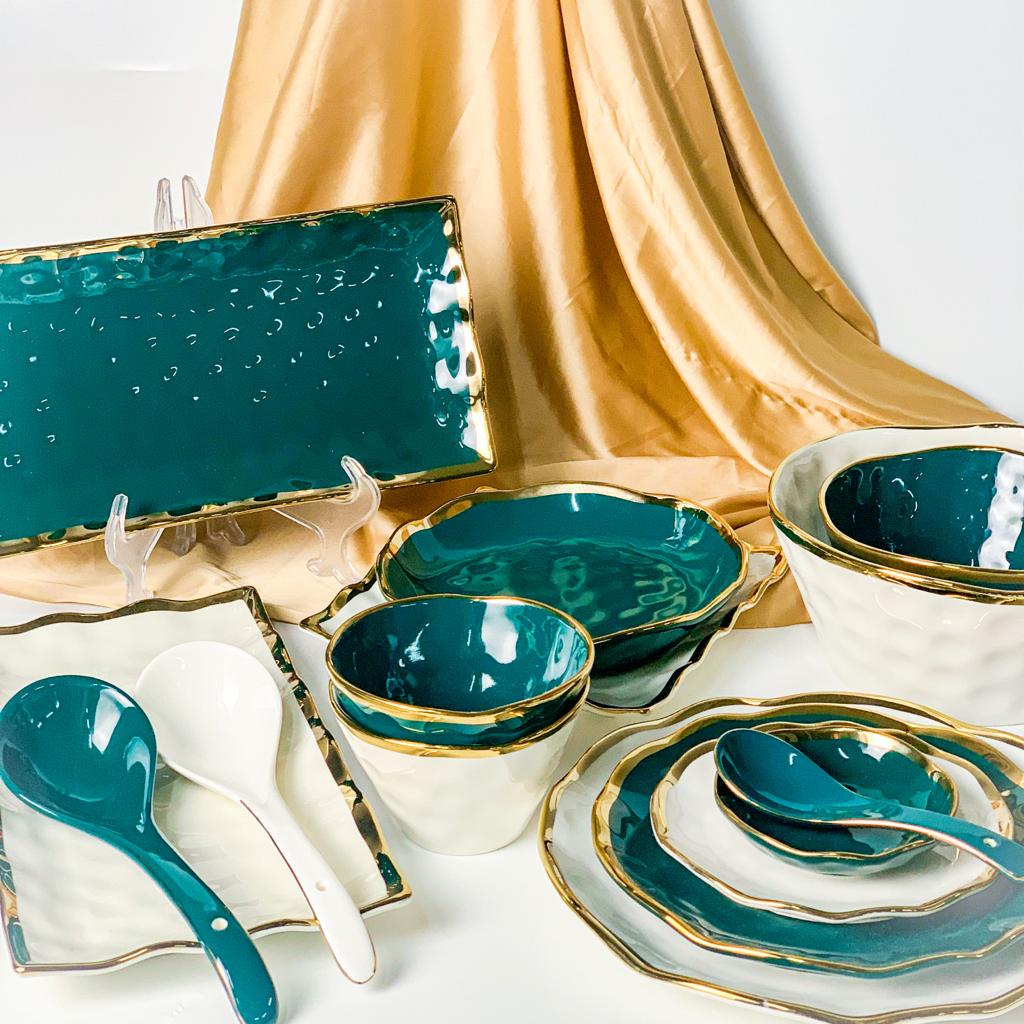 [Casa De Luxo] Wave Collection Set Piring dan Mangkok Set 4 Orang 18pcs List Gold Piring Keramik Pir