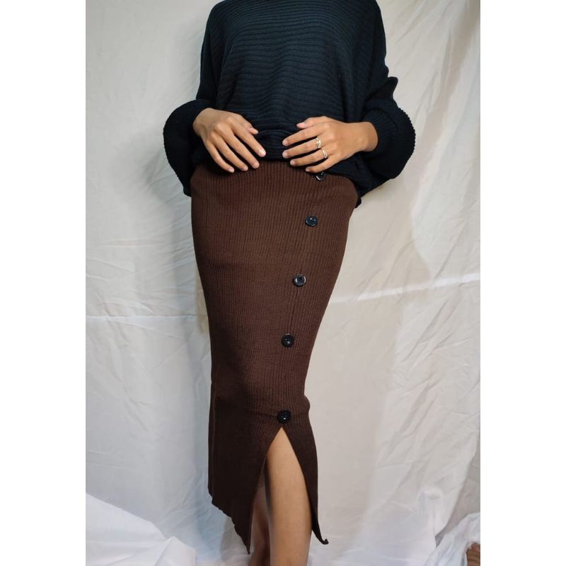 ROK SPAN RAJUT 7/8 | BAWAHAN WANITA BELAH PINGGIR MOTIP KANCING//NGEPRES BODY MAKS BB 65 KG