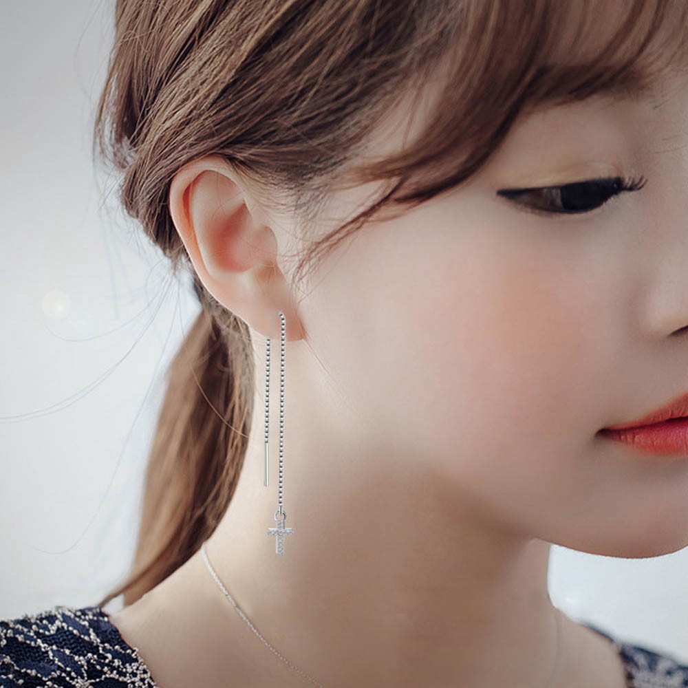 Anting Rantai Panjang Warna Silver Aksen Kristal Untuk Wanita