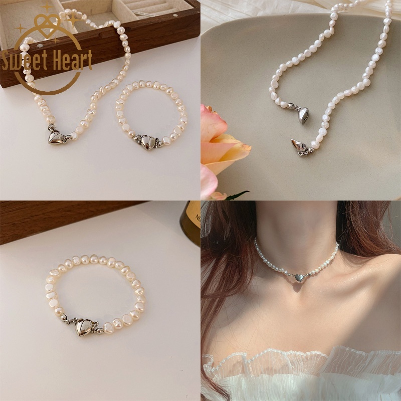 Kalung Rantai Dengan Liontin Hati + Mutiara Imitasi Model Korea Untuk Wanita