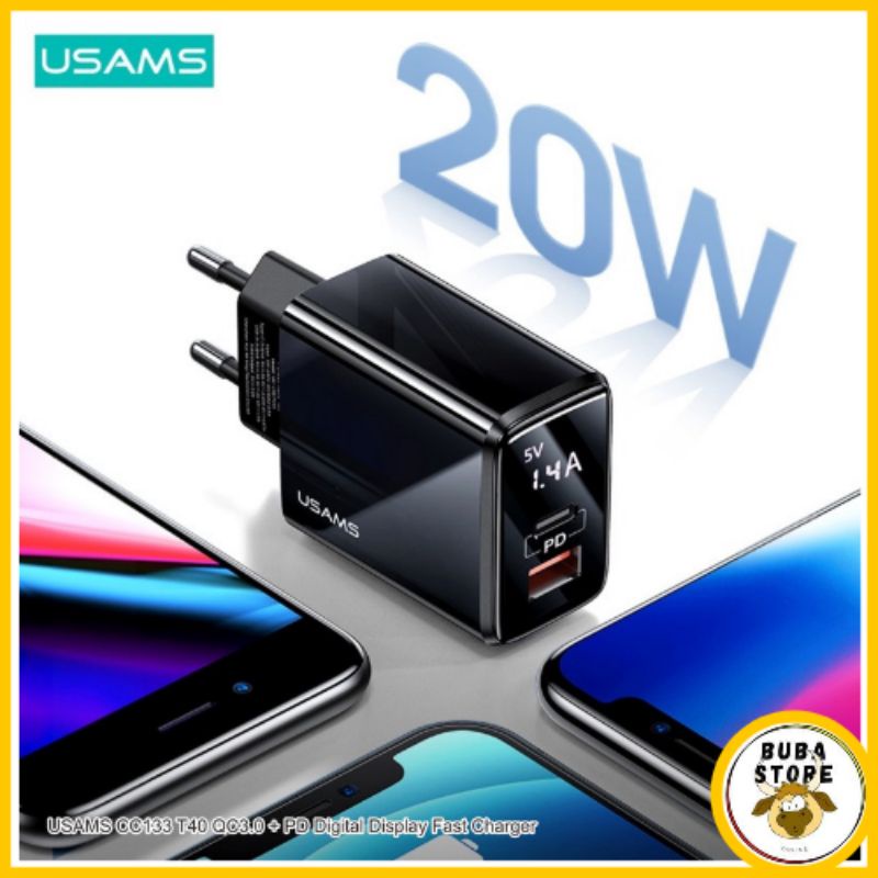 Usams T40 Adapter Charger Fast Charge Digital Display PD 20W QC3.0