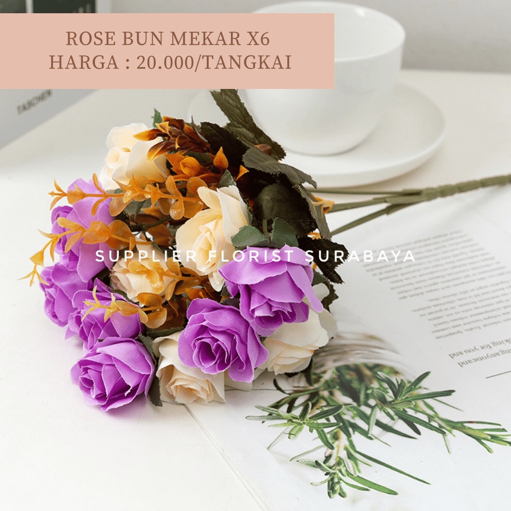 ROSE BUN MEKAR 1 TANGKAI CABANG 6 @2KEPALA, TOTAL 12 KEPALA BUNGA PALSU ARTIFICIAL FLOWER BUNGA MAINAN DIY FLORIST