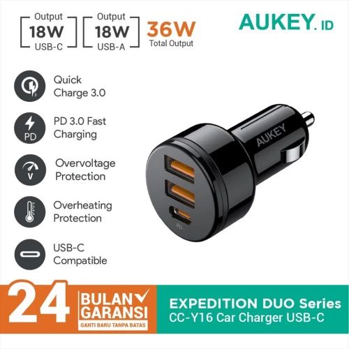 Aukey Car Charger Expedition Duo Series USB + Type C PD 36w - 500871 / 501260 - CC-Y16