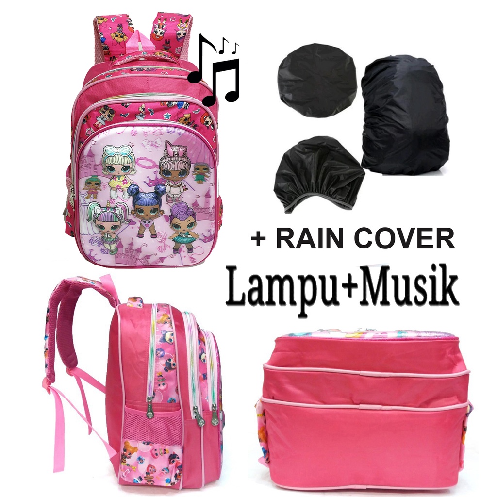 PROMO CUCI GUDANG Tas LAMPU DAN MUSIK Ransel Anak Perempuan Cantik 5D Timbul Hologram Import