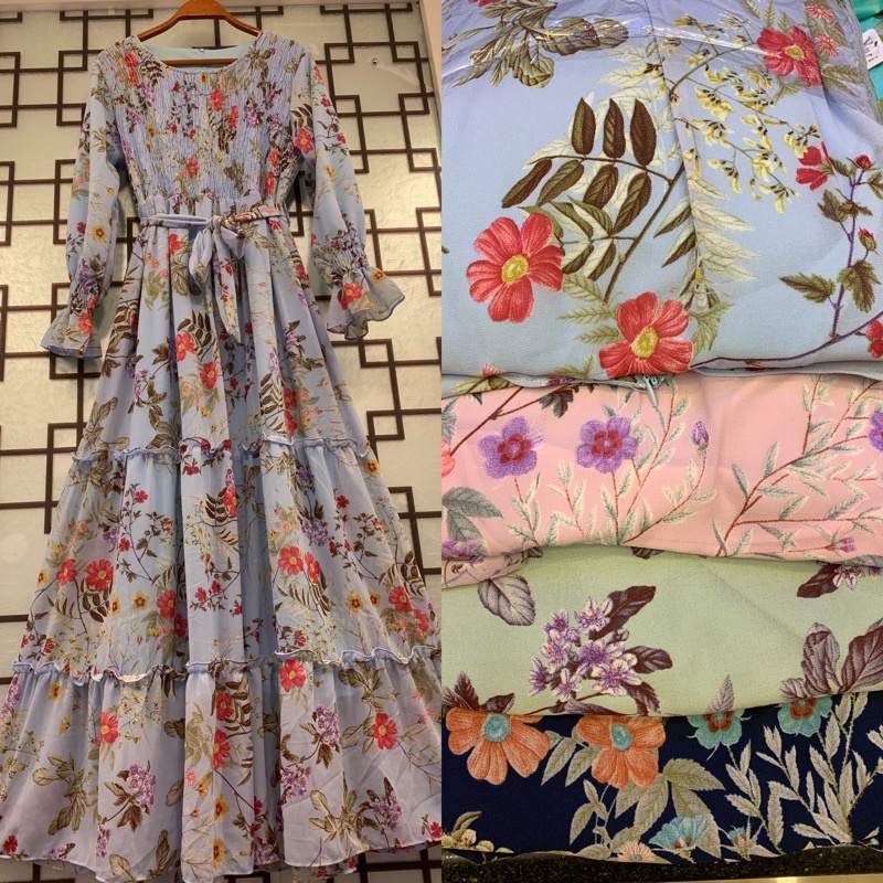 Gamis ayunda smoked dada tali pinggang motif bunga bahan chiffon ceruty full furing merk yuri