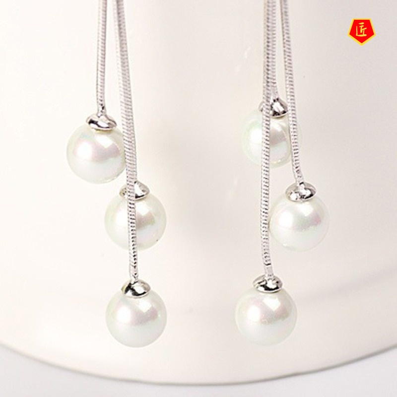 [Ready Stock]Shell Pearl Earrings Women's Long Tassel Temperamental