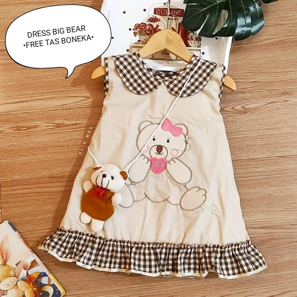 Dress Anak Perempuan Motif Big Bear Free Tas Boneka