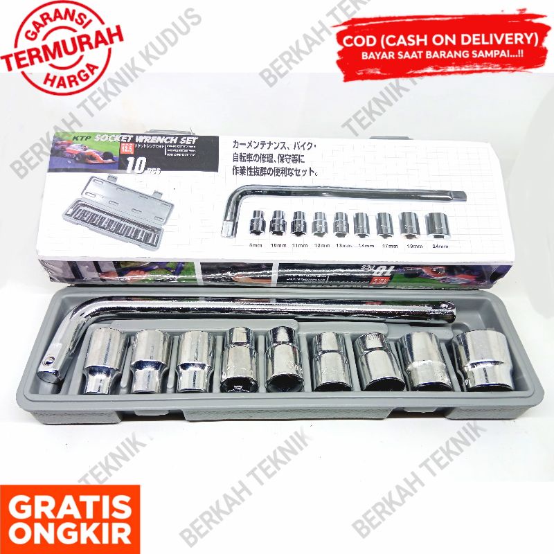 kunci Shok bengkel motor 10 pcs Size 8 - 24 mm / kunci sok gagang L panjang / kunci shok Gagang krek panjang / kunci pas shock socket set  original-Sok 10 pcs 8-24mm