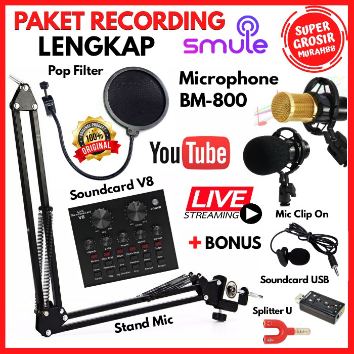 Paket Recording Lengkap Microphone Mic BM 800 BM800 Soundcard V8 Youtube Smule Karaoke