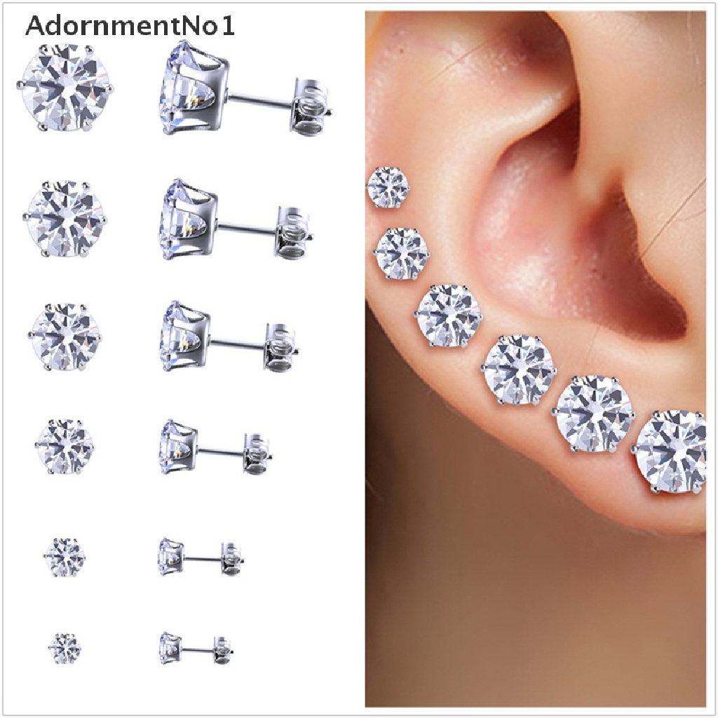 (AdornmentNo1) 6 Pasang Anting Tusuk Bulat Bahan Stainless Steel Hias Cubic Zirconia 3mm - 8mm Untuk Wanita