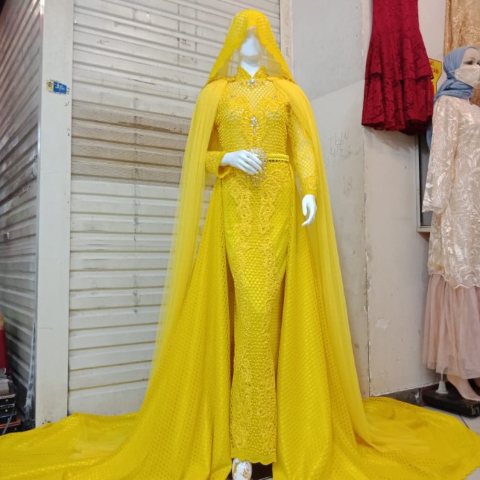 Baju Pengantin Wedding Dress Muslimah Jawa India kebaya pengantin payet terusan - kuning kenari