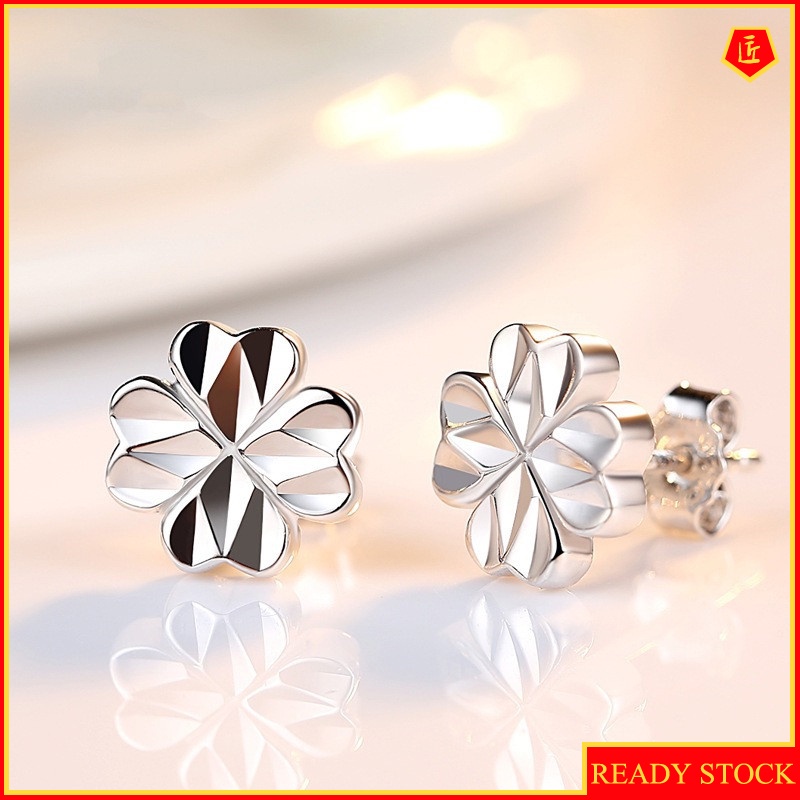 [Ready Stock]Silver Simple Lucky Four Leaf Clover Stud Earrings