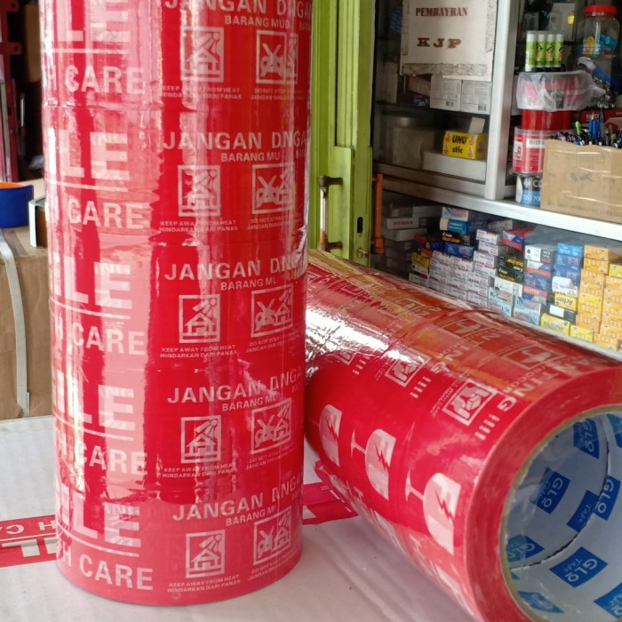 

lakban fragile merah 2inc 90yard isi 6roll