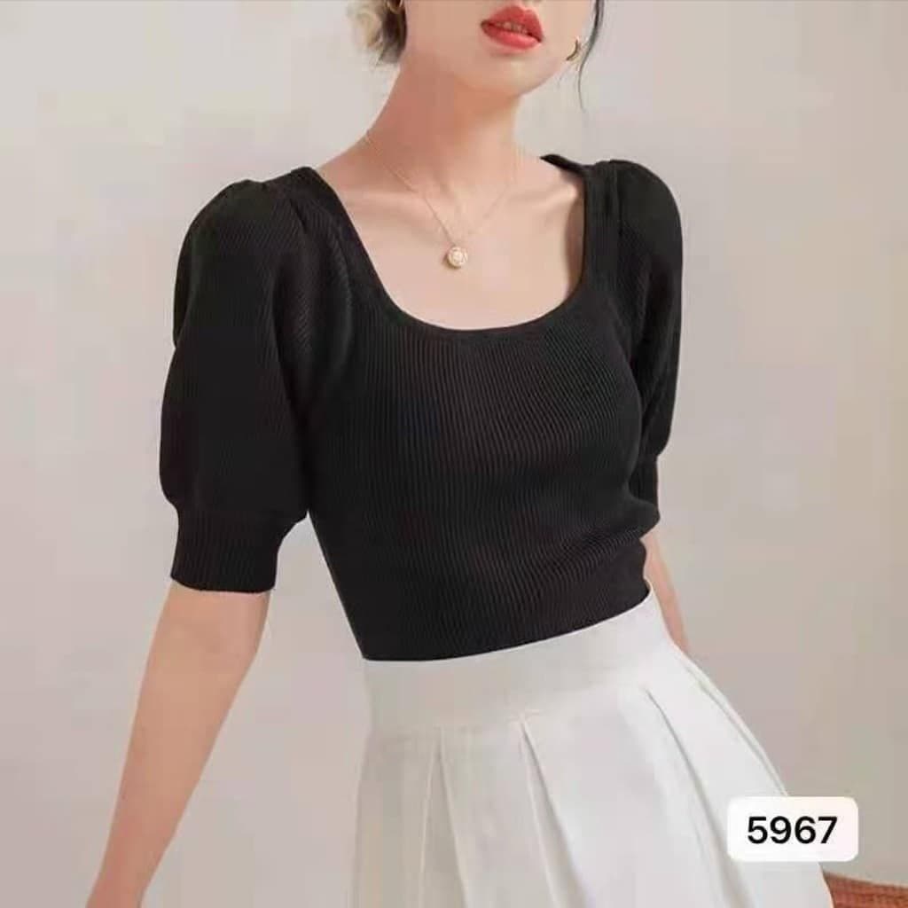 Baju Blouse Atasan Wanita Perempuan PREMIUM IMPORT Helena Knit Top Lengan Tangan Balon Pendek Korean