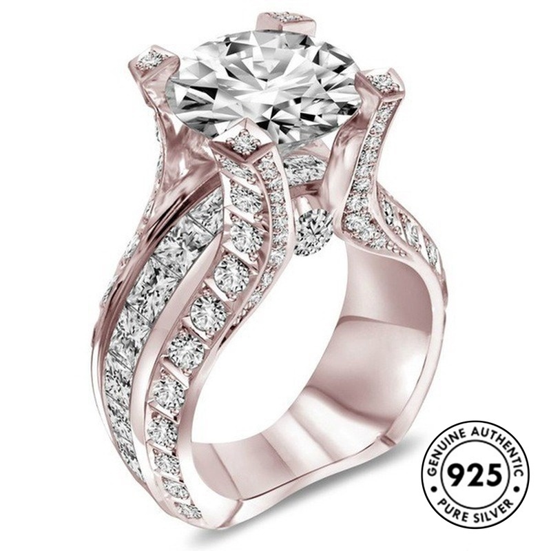 Cincin S925 Silver Bentuk Kotak Aksen Berlian Warna Rose Gold