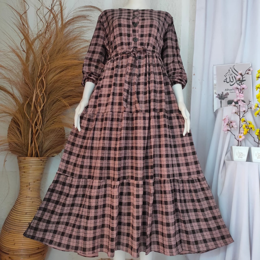 GAMIS WANITA TERBARU JEMMA MAXY MOTIF KOTAK-KOTAK BAHAN LINEN PREMIUM