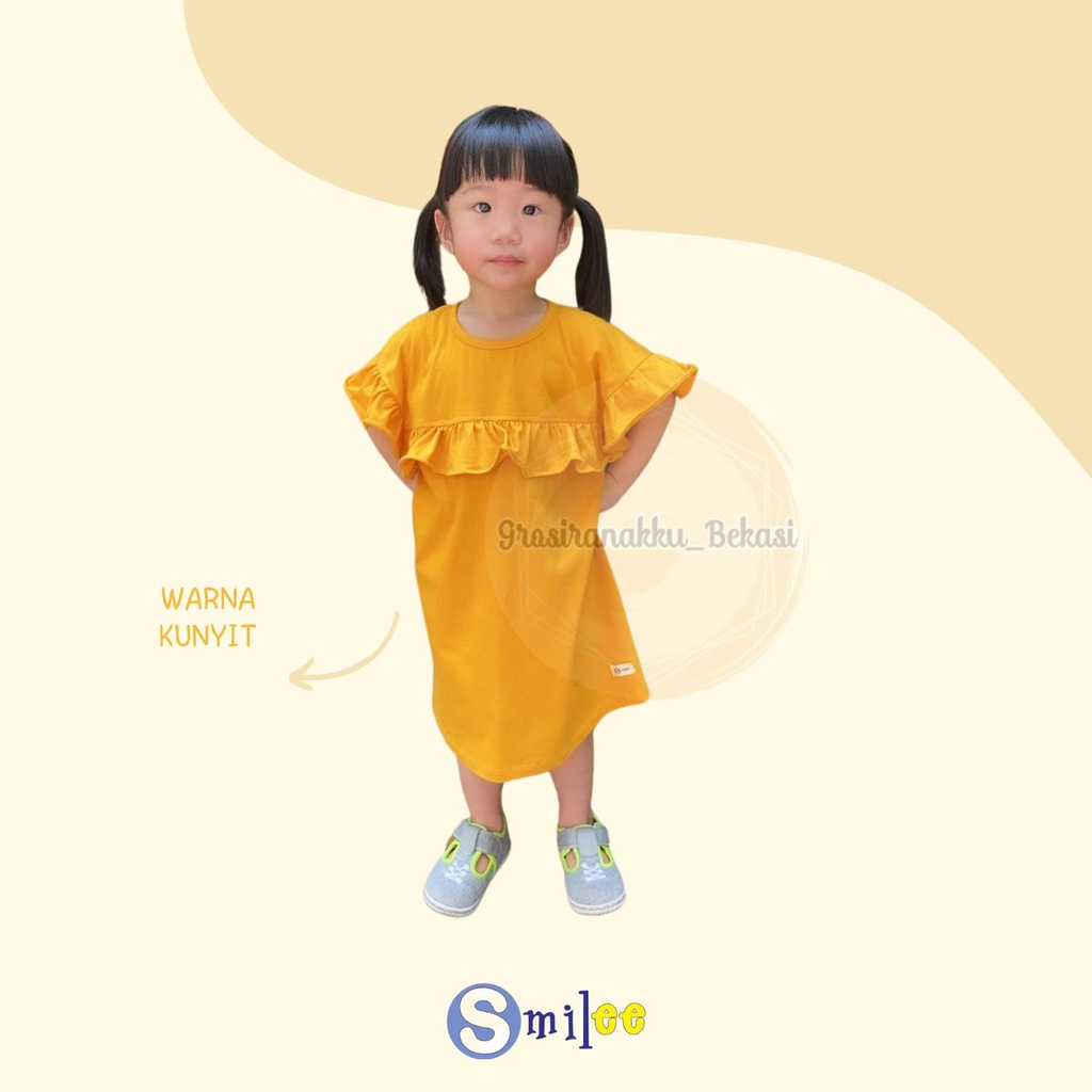 Daster Anak Rufel Polos Smilee Warna Kuning Kunyit Size 1-5Thn