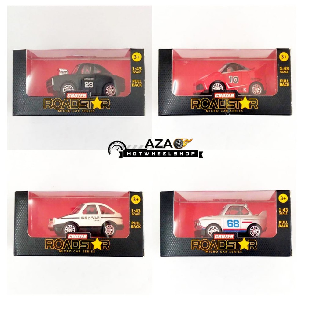 NEW ARRIVAL | SET OF 4 Diecast Cruzer TOONED Roadstar Micro Car Series Metal Pull Back Tooned Scale 1/43 Ferrari 599XX Red Toyota AE86 Sprinter Trueno Dodge Charger Hitam BMW 3.0 CSL Race Car 30 3 0
