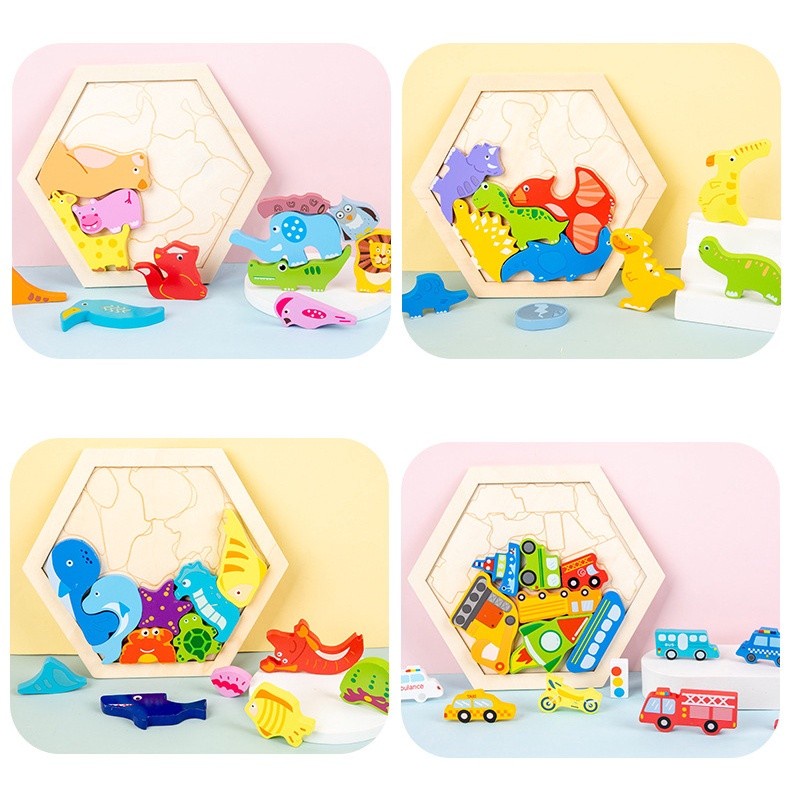 MAIN PUZZLE KAYU 3D HEXAGON - MENGENAL HEWAN, TRANSPORTASI, dsb