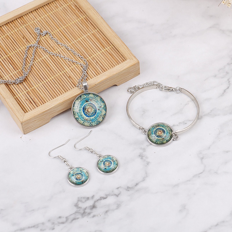 Set Kalung + Anting Gantung + Gelang Tangan Kaca Cabochon Motif Mandala India Untuk Wanita / Yoga