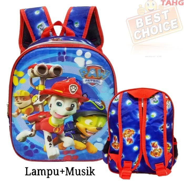 Tas Anak TK Ransel LAMPU + Music Import Paw Patrol 5D Timbul Hologram