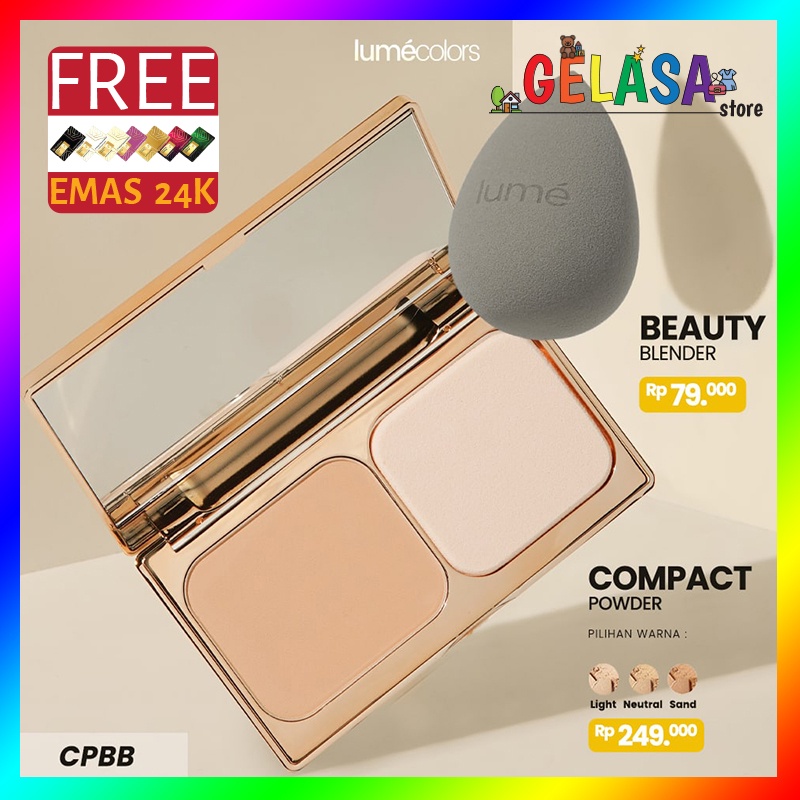 (Free Emas) Lumecolors Paket Hemat Bundling bedak padat Compact powder + Beauty Blender