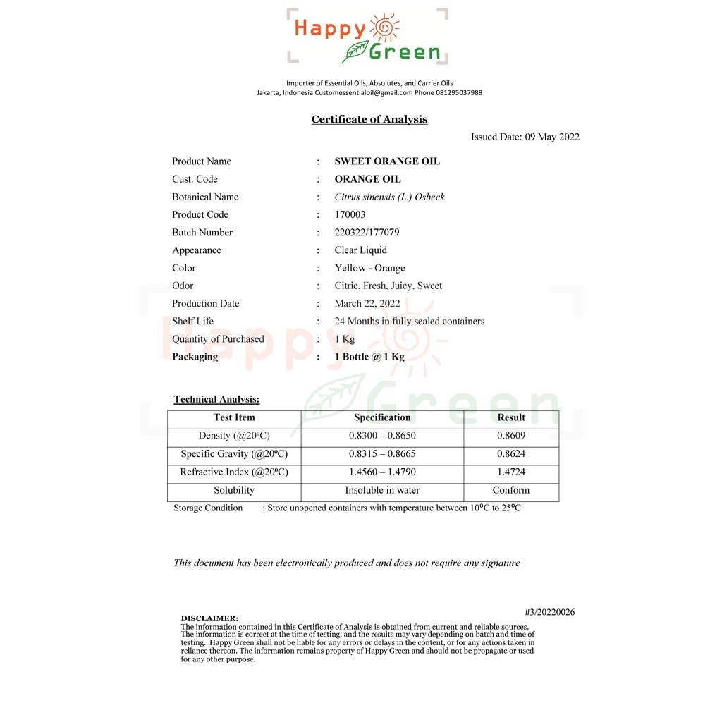 BPOM Happy Green Sweet Orange Essential Oil - Minyak Atsiri Jeruk Manis 100% Murni Garansi Uang Kembali