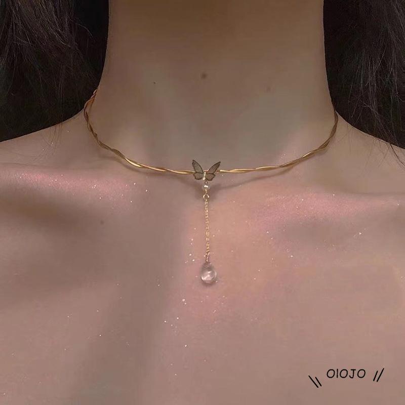 Kalung Rantai Clavicle Simple Dengan Liontin Kupu-Kupu + Tetesan Air Untuk Wanita ol2