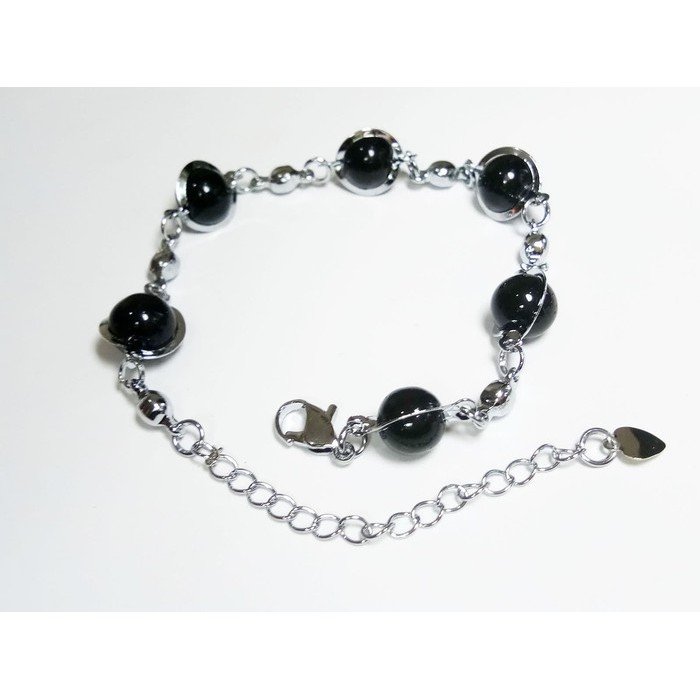 Gelang Tangan Wanita Lapis Emas 18K Batu Giok Hitam Bulat