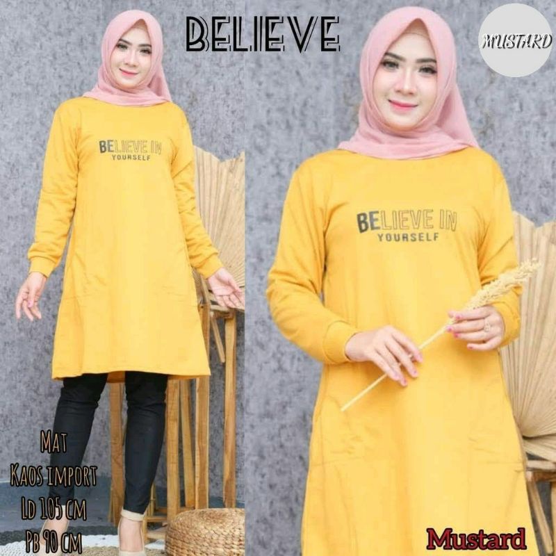 JF Tunik Kaos Wanita Lengan Panjang Dewasa Terbaru Babyterry BELIEVE IN