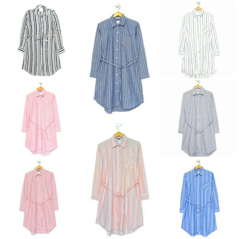 H&M Kemeja Salur Hitam Putih Wanita import Baju Kantor Formal Kerja Cewek Katun Salur kemeja stripe
