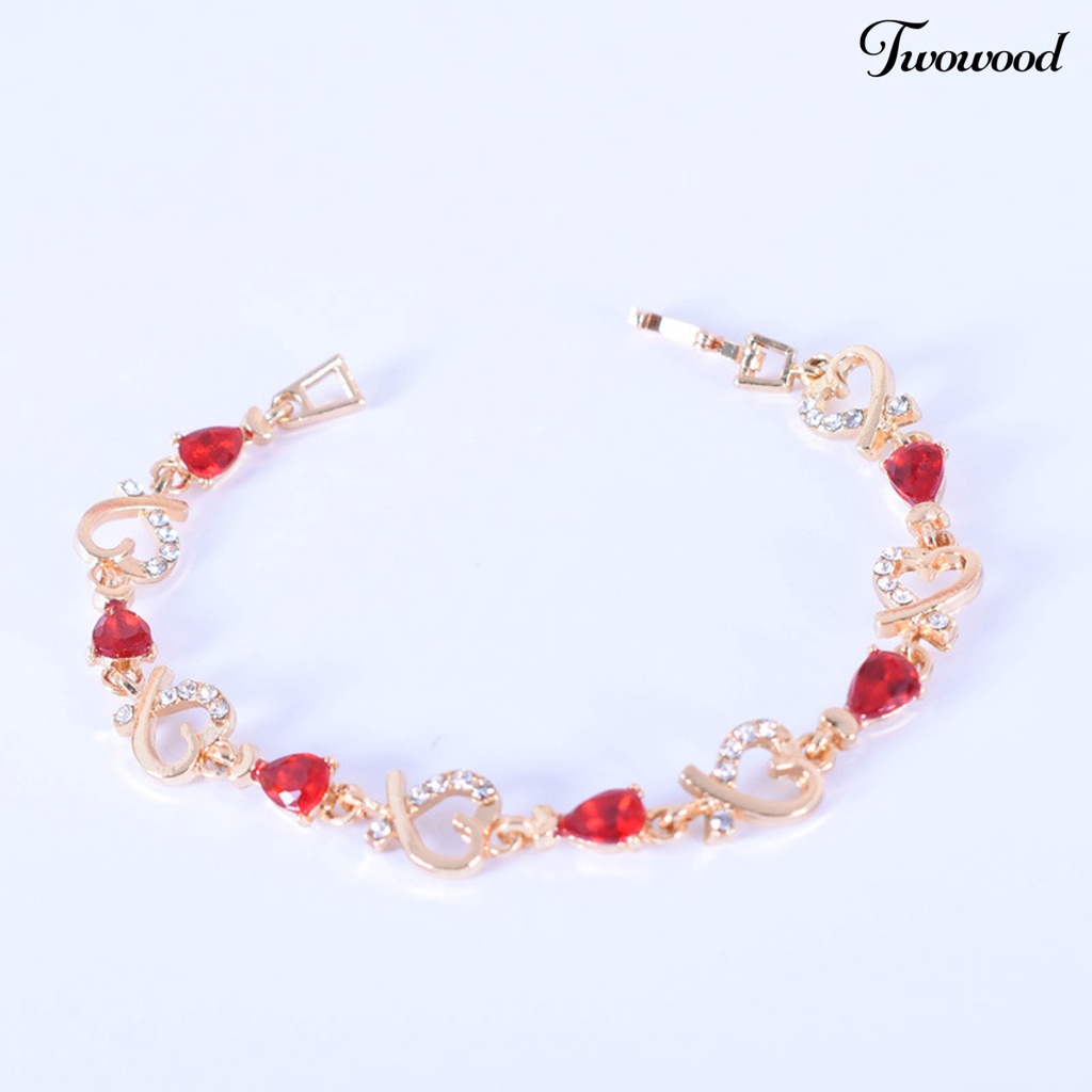 Gelang Rantai Desain Hati Hollow Bahan Alloy Aksen Berlian Imitasi Warna Merah Untuk Wanita