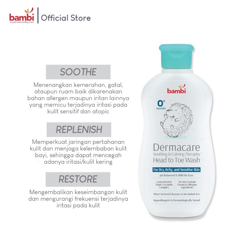 Bambi Baby Dermacare Daily Soothing &amp; Calming Therapy Head to Toe Wash Bambi Sabun Shampo Bayi Kulit Sensitif Newborn Baru Lahir 200Ml