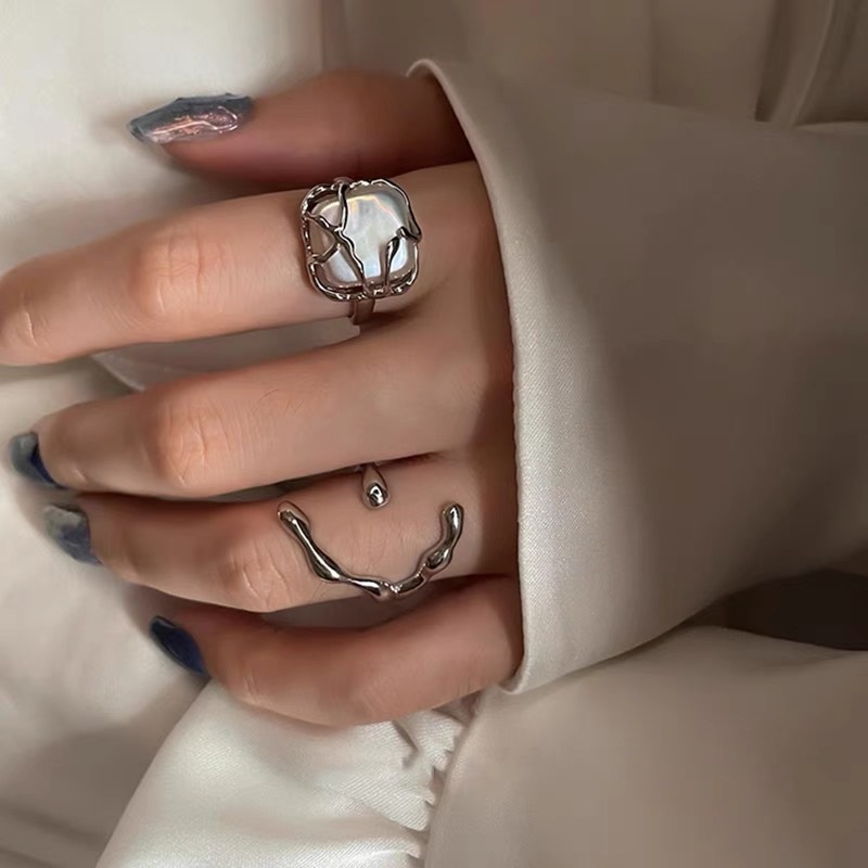 Cincin Jari Telunjuk Model Terbuka Bentuk Kotak Aksen Mutiara Gaya Korea Untuk Wanita