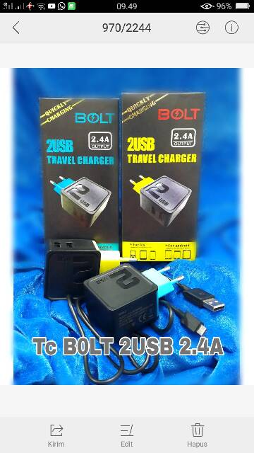 Charger bolt 2,4A. 2USB fast charger CASAN 2output