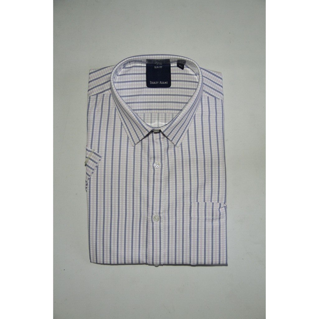 COD Kemeja Pria Stanley Adams Slimfit Lengan Pendek Putih Salur 04 100% Original Brand