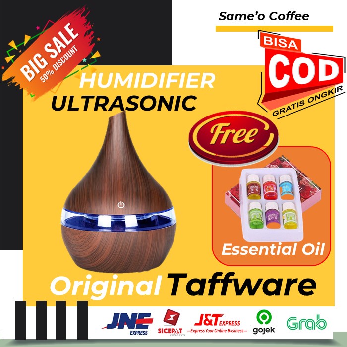 DIFFUSER HUMIDIFIER DESAIN KAYU BULAT + ESSENTIAL OIL 6 PCS-LONJONG D + FREE OIL
