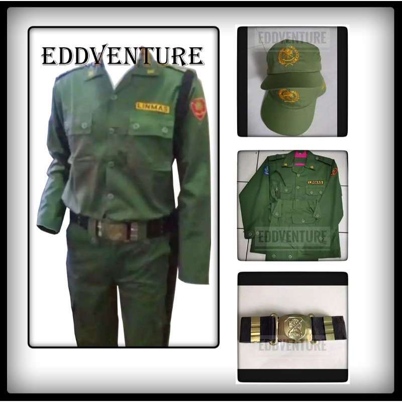 Satu Set Seragam Atribut Baju Kemeja Lengan Panjang Celana Panjang Pdl Topi Sabuk Linmas Perlindungan Masyarakat Hansip Warna Hijau Bahan American Drill Tebal Kualitas Super Grade A Kuat Adem Lembut Anti Luntur